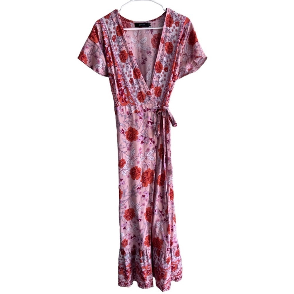 Zesika Floral Pink/Orange Short Sleeve V Neck Wrap Maxi Dress size Large
